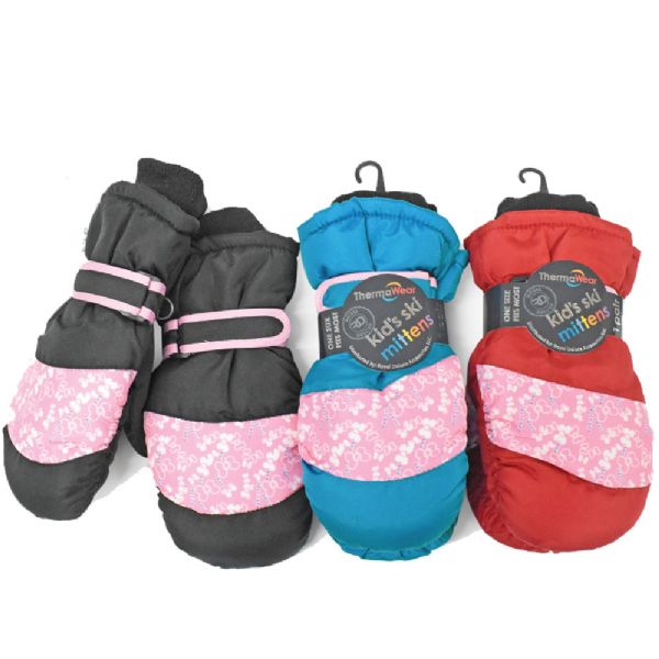 Girl's Ski Mitten With Floral Design And Adjustable Velcro Buckle