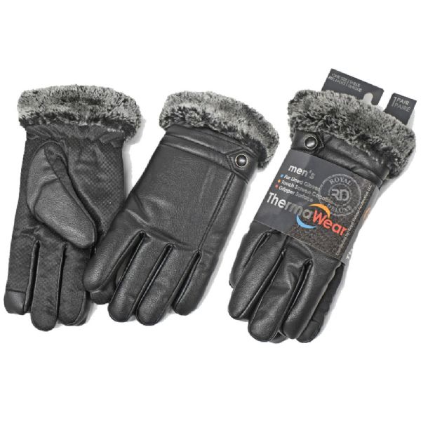 Men's Fur Lined Faux Leather Touch Screen Capable Gloves