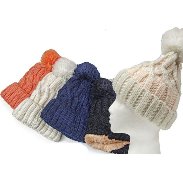 Cable Knit Fleece Lined Pom Pom Hat
