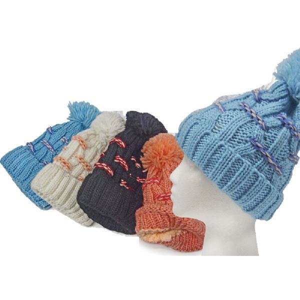 Fleeced Line Cable Knit Hat Tritone Colors With Pom Pom