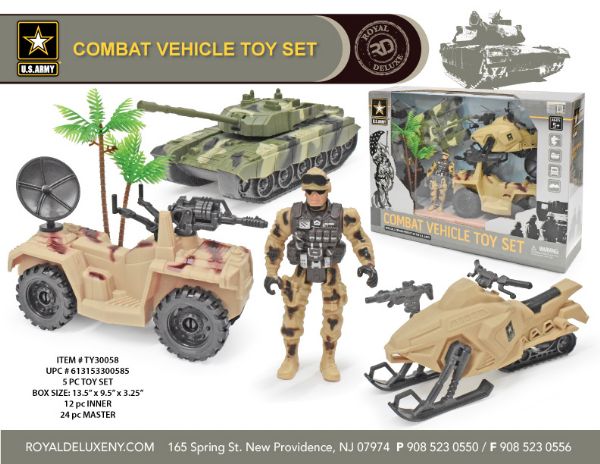Us Army Boxed Toy Set W/ Soldier, Vehicle, Snowmobile, & Tank