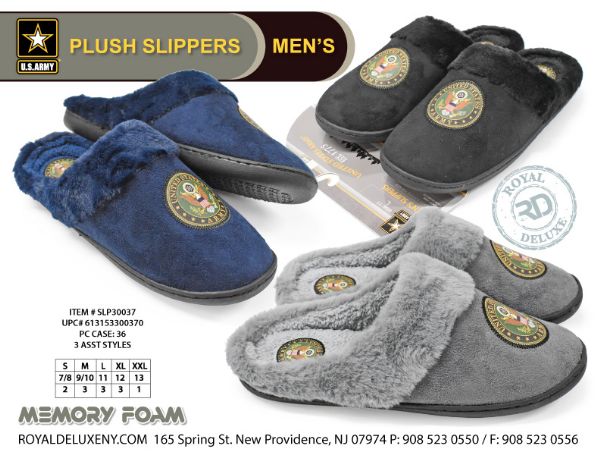Us Army - Mens Memory Foam Fuzzy Plush Rim/insole Slippers - Outer Top Eagle Emblem