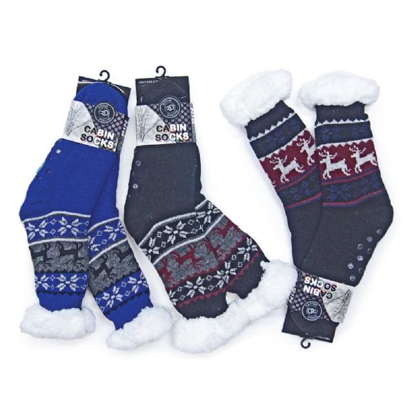 Men's Reindeer Design Fur Lined Cabin Socks