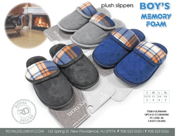 Boy's Sherpa Lined Slippper With Plaid Top