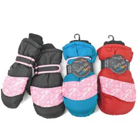 Girl's Ski Mitten With Floral Design And Adjustable Velcro Buckle