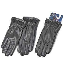 Women's Faux Leather Gloves With Lace Trim