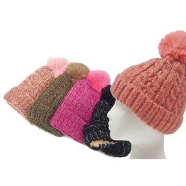 Cable Knit Fleece Lined Pom Pom Hat