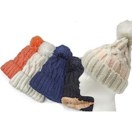 Cable Knit Fleece Lined Pom Pom Hat