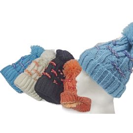 Fleeced Line Cable Knit Hat Tritone Colors With Pom Pom