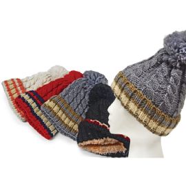 Cable Knit Fleece Lined Hat Multicolor With Pom Pom