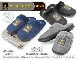 Us Army - Mens Memory Foam Fuzzy Plush Rim/insole Slippers - Outer Top Star Symbol